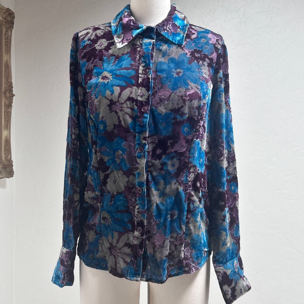 Velvet Burnout Floral Button Front Top Retro 90s style Blue Purple Top Women S